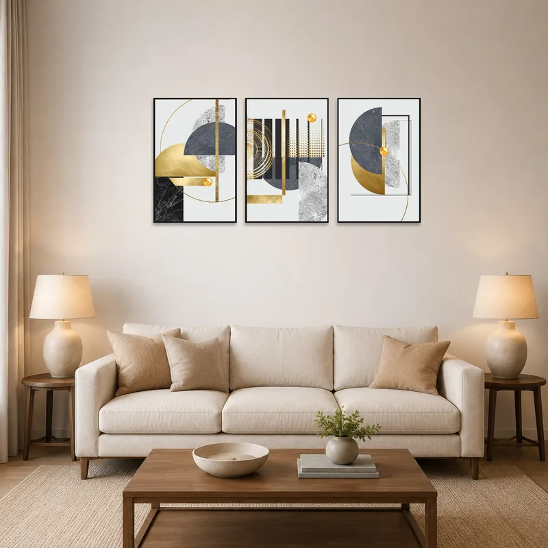 Living room with a geometric triptych art set adding elegance above a modern sofa.