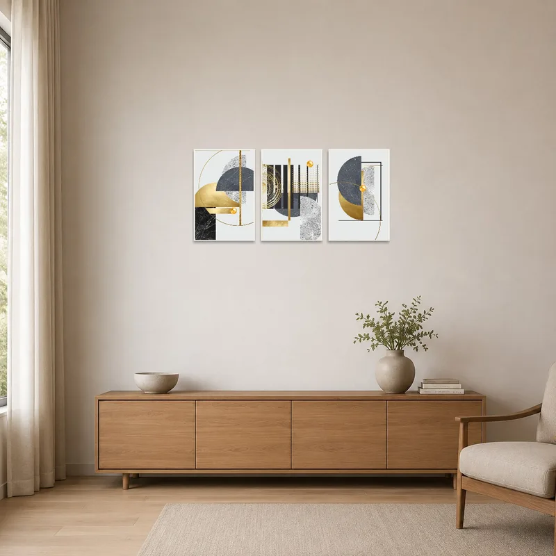 Minimalist room featuring a geometric triptych art set on a clean, white wall.