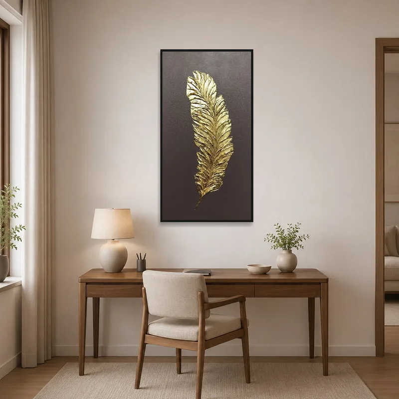 Gold leaf art piece on the wall adds sophistication to the home office.