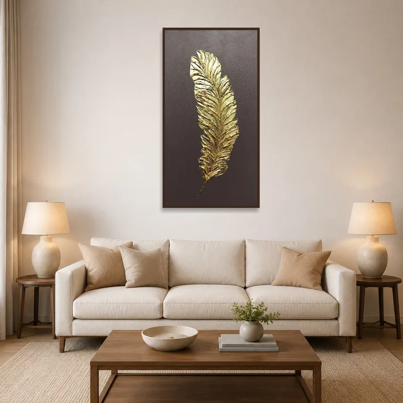 Sophisticated gold leaf canvas art on the wall adds elegance to the living room.