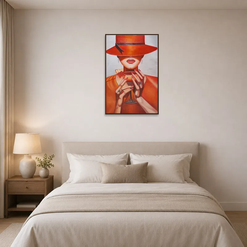 Lady in Red Hat art infusing style into a serene bedroom.