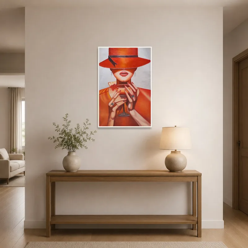 Lady in Red Hat artwork welcoming guests in entrance hall.