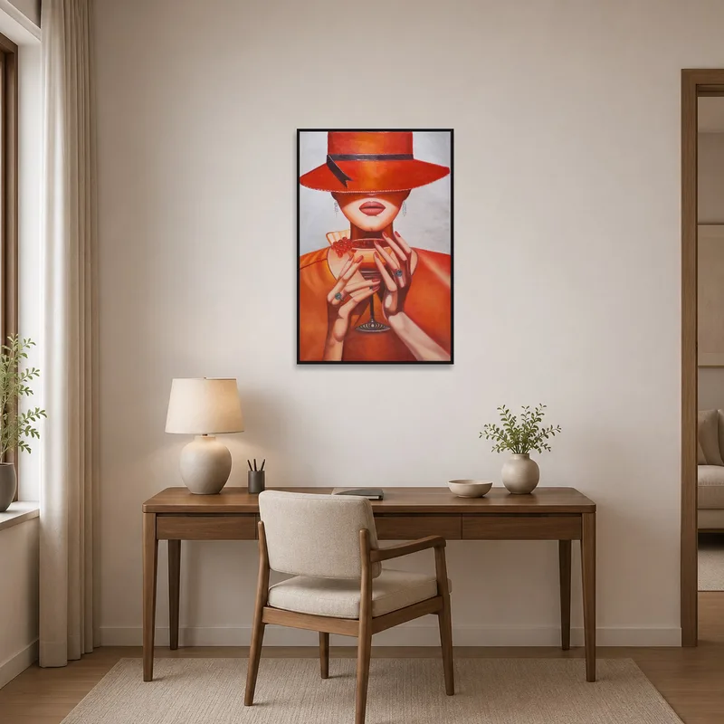 Lady in Red Hat painting inspiring creativity in home office.