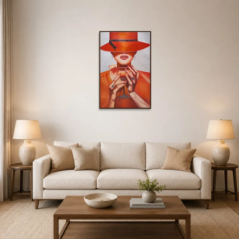 Sophisticated Lady in Red Hat art on the wall of a chic living room.