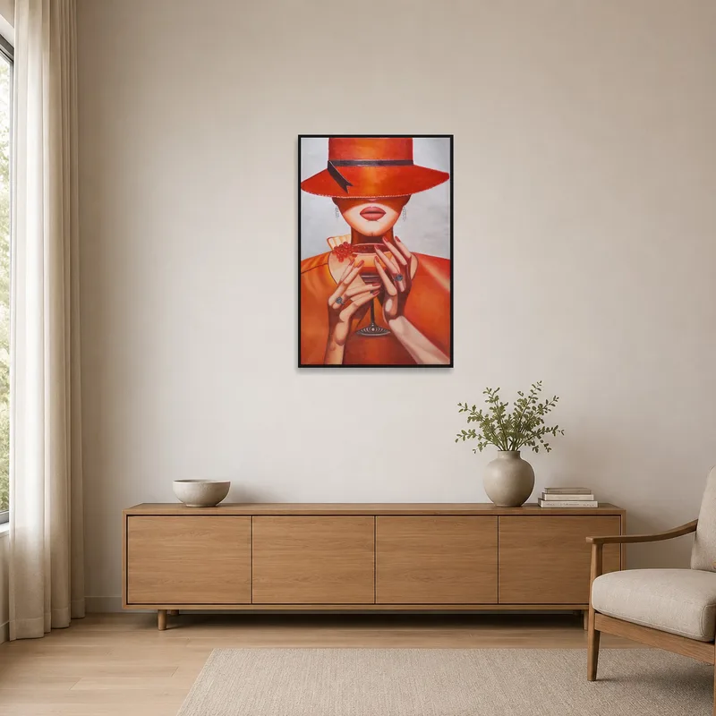 Lady in Red Hat art adding elegance to a minimalist space.