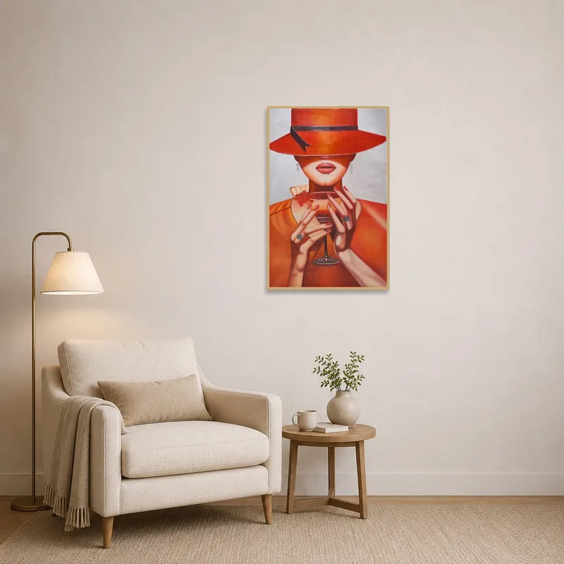 Lady in Red Hat piece enhances a cozy reading corner.