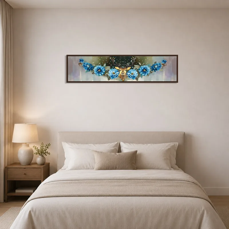 Calming panoramic piece of a stag with blue florals above a bed.