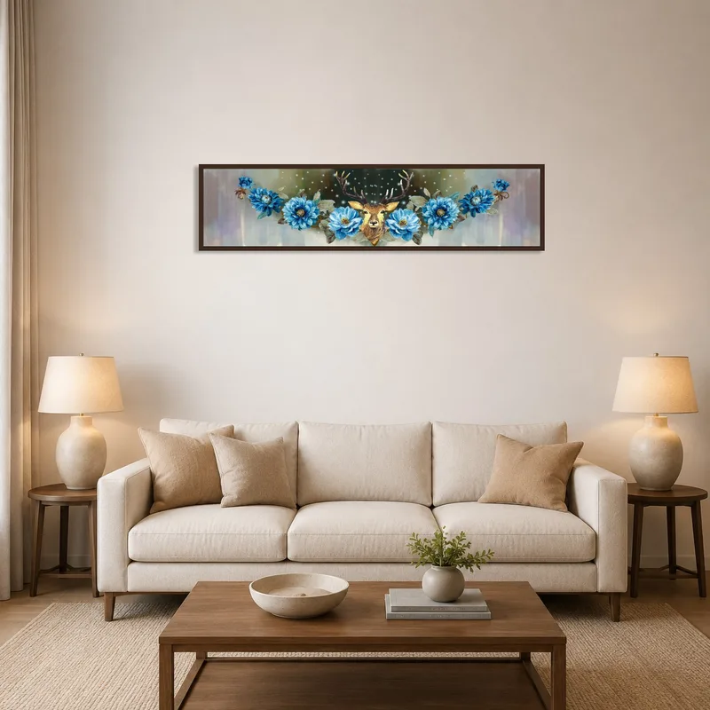 Panoramic art of a stag and blue floral scene displayed above a modern sofa.