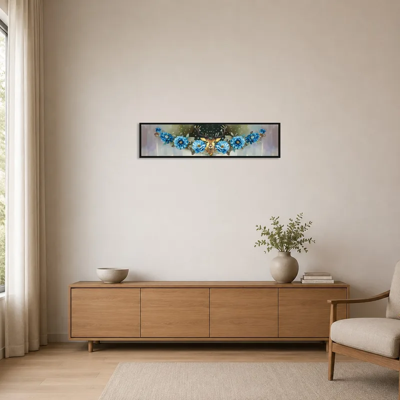 Stag and blue floral panorama subtly enhances a clean, minimalist wall.