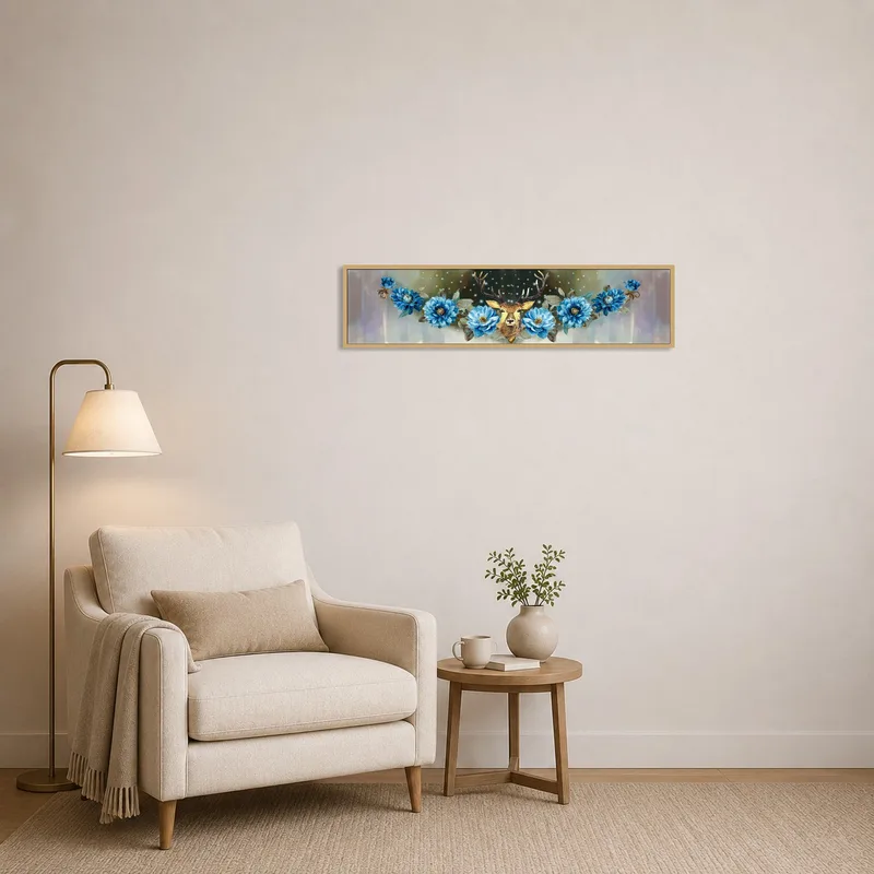 Stag and floral artwork creating a serene vibe in a cozy reading corner.