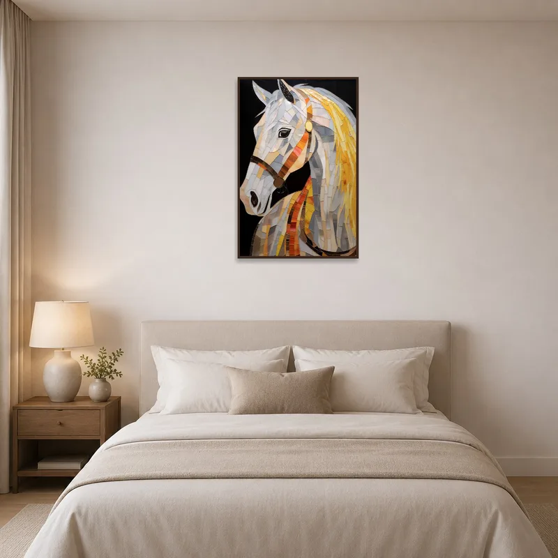 Stained glass horse mosaic adding elegance to a tranquil bedroom.
