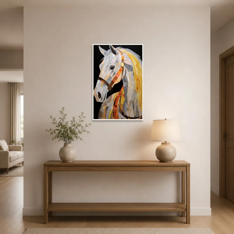 Mosaic horse art greeting guests in the entrance hall.