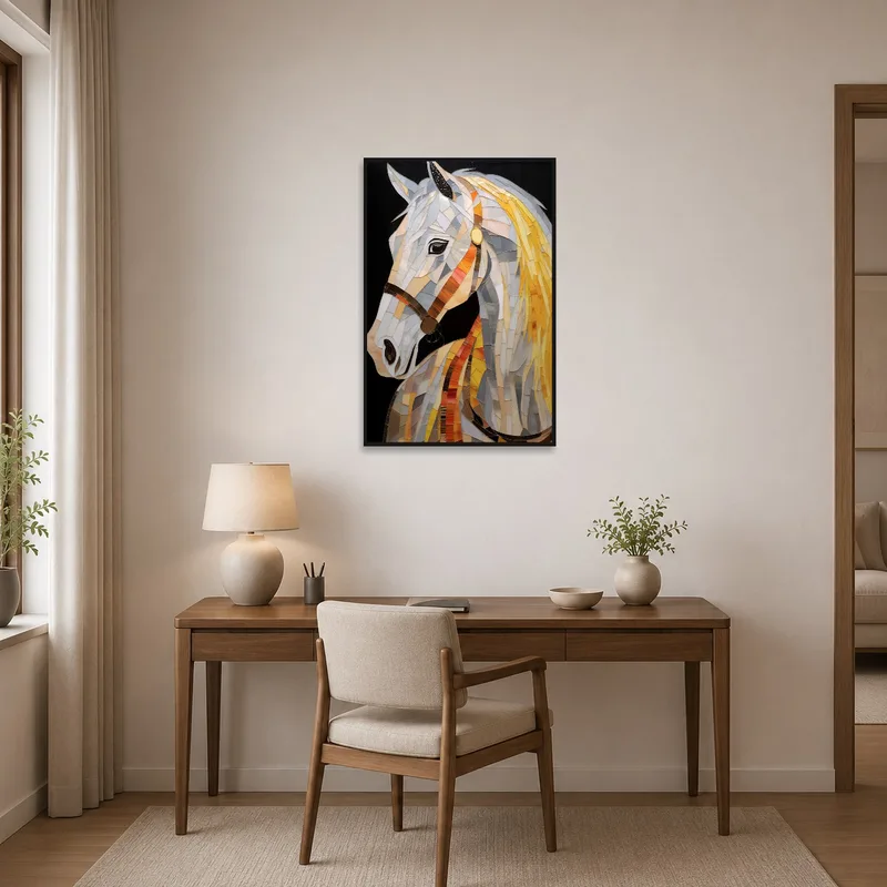 Horse mosaic art inspiring creativity in a home office space.