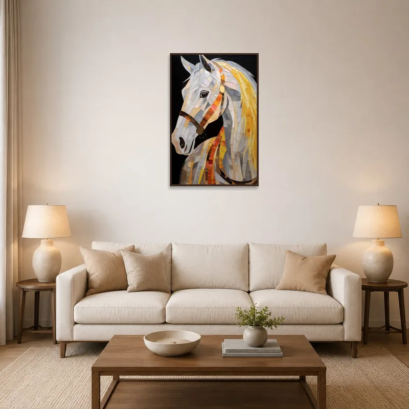 Stained glass horse mosaic artwork hanging on the living room wall, adding a splash of color.