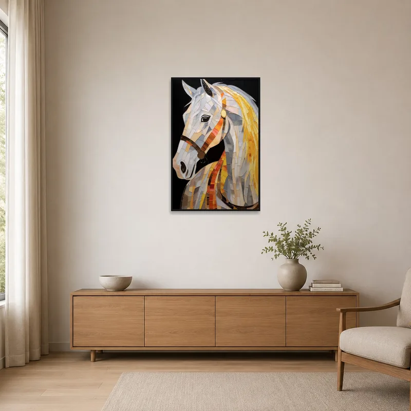 Horse mosaic art piece enhancing the simplicity of a minimalist room.