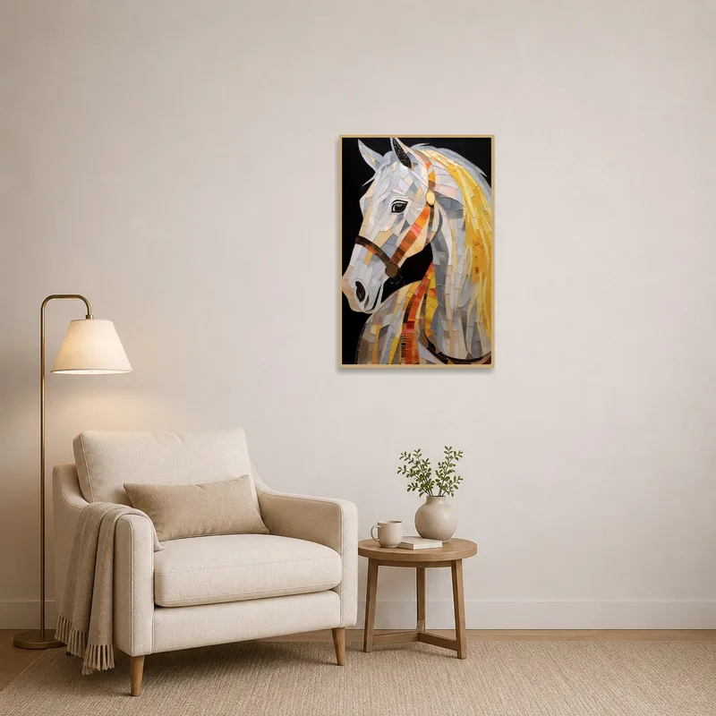 Stained glass horse mosaic creating a focal point in a cozy reading corner.