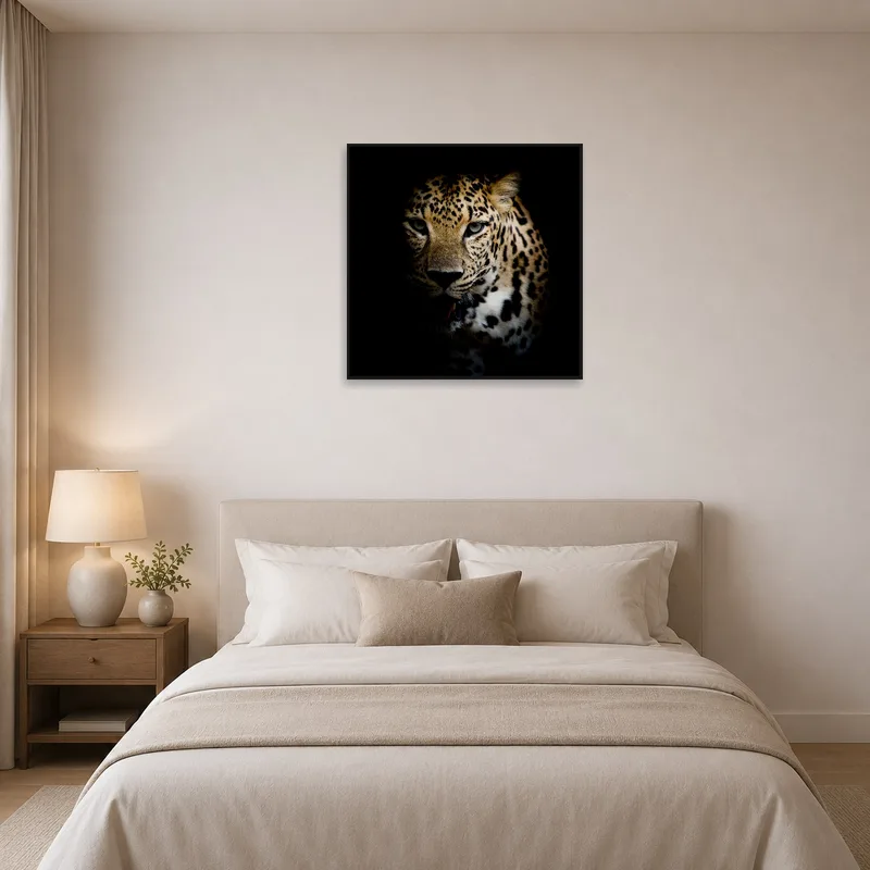 Leopard portrait adds wild elegance to the bedroom decor.