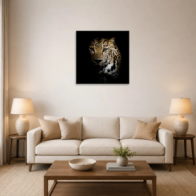 A stunning leopard portrait adds a bold accent to the living room wall.