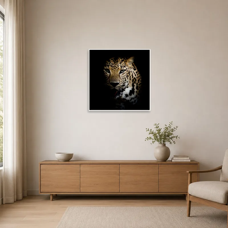 In a minimalist space, the vibrant leopard portrait captures attention.