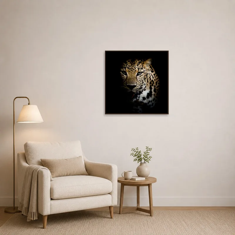 Bold leopard portrait enhances the cozy reading corner ambiance.