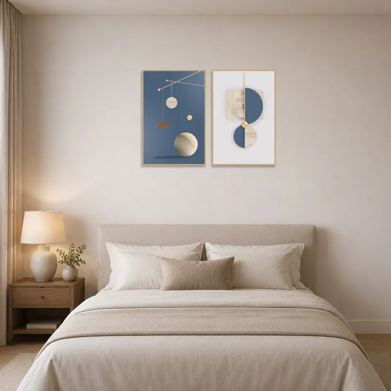 Stylish geometric prints hang above a bed, adding a pop of color to the bedroom walls.