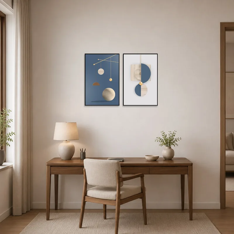 Print set displayed on a wall near a desk, enhancing a stylish and modern home office.