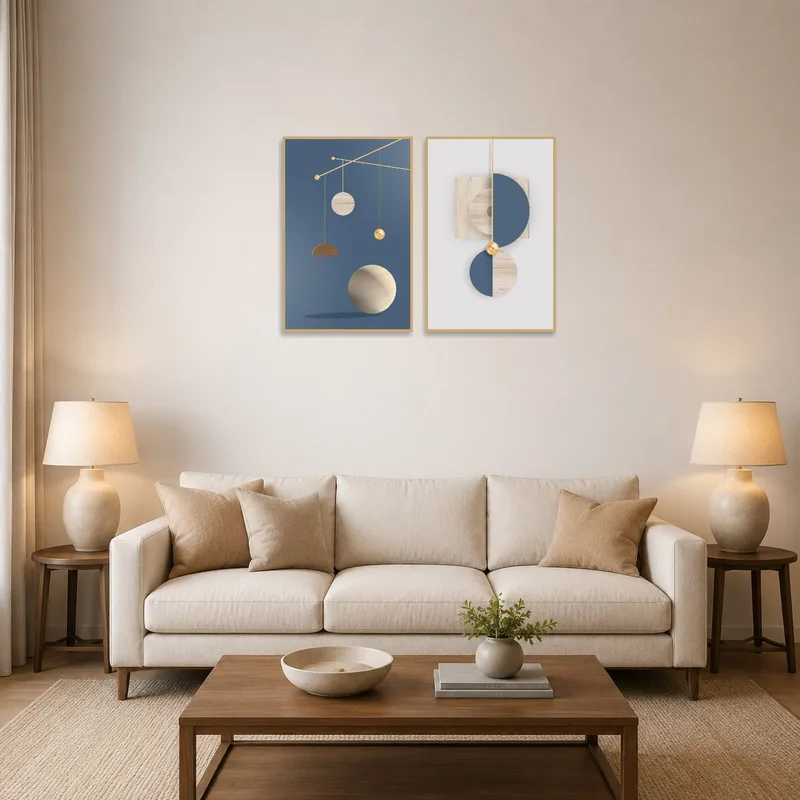 A geometric abstract print set above a modern sofa and coffee table in a cozy living room.