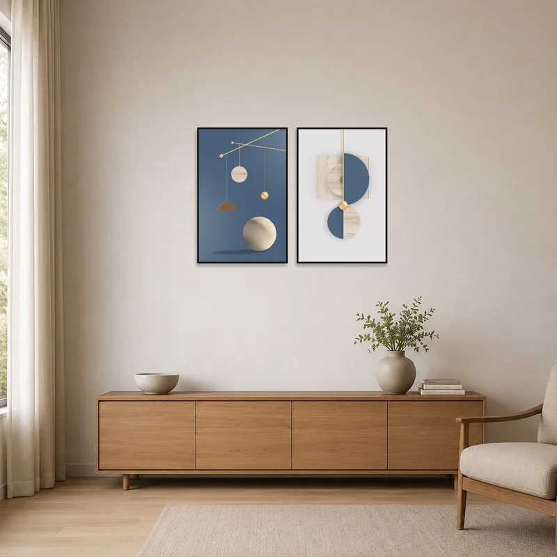 Geometric abstract prints add sleek lines to a minimalist space with neutral tones.