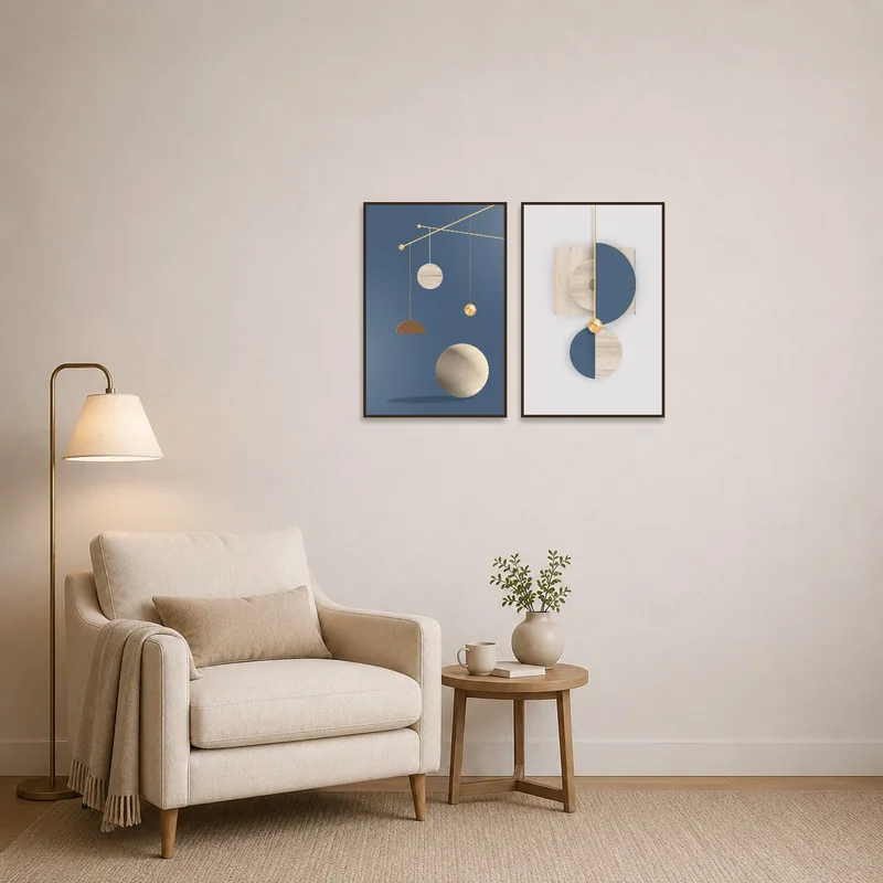 Geometric abstract prints create a vibrant focal point above an armchair in a reading nook.