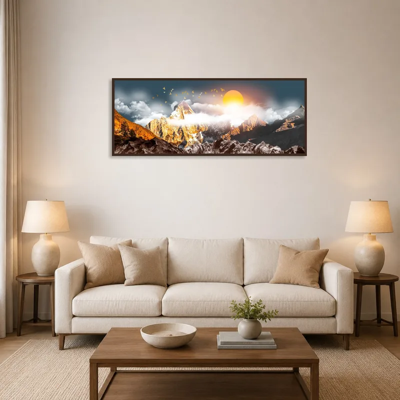 Sunlit mountainscape artwork hanging above a cozy sofa in the living room.