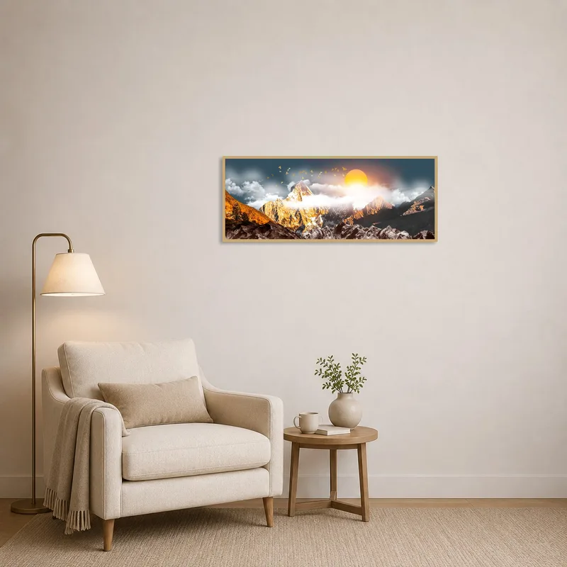 Sunlit mountainscape artwork beside a cozy chair in a reading corner.