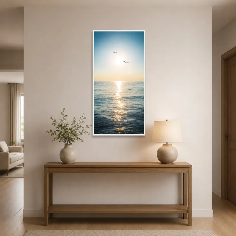 An inviting entrance hall featuring a horizon view of an ocean with birds flying across the open sea.