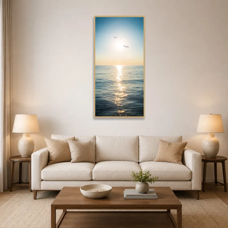 A serene ocean view with soaring seagulls on a living room wall above a comfy sofa.
