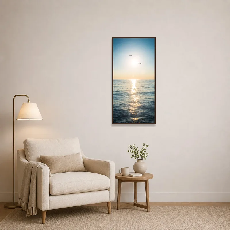 A calming ocean scene with seagulls, ideal for a cozy reading corner beside a plush armchair.