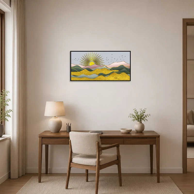 Dynamic abstract sunrise art energizes a modern home office space.
