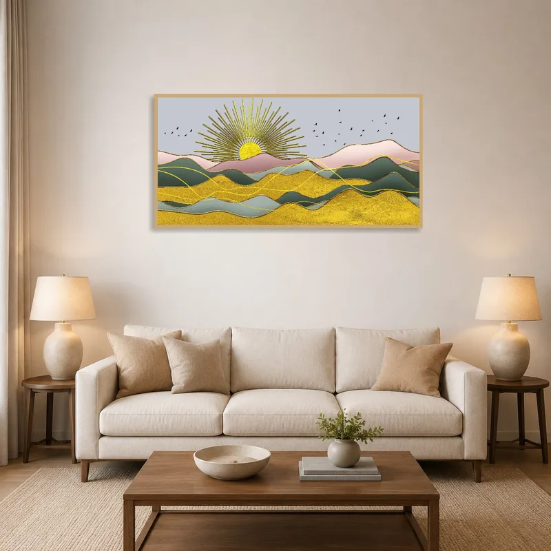 Sunrise Over Abstract Mountainscape art in a cozy living room, mounted above a modern sofa.