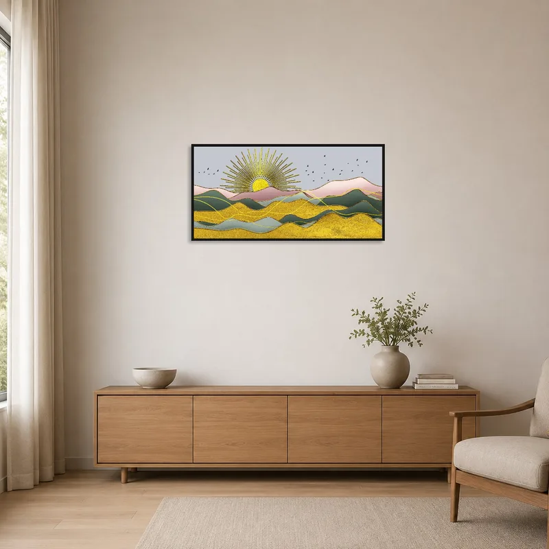 Vibrant sunrise and mountainscape art contrasting with sparse minimalist decor.