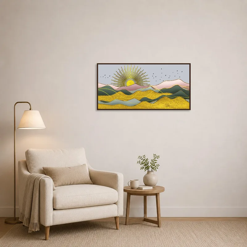 Sunset-colored abstract mountainscape adds warmth to a quiet reading corner.