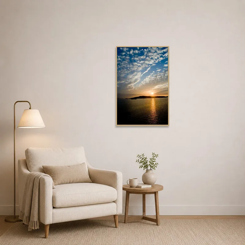 Sunset water view displayed in a reading corner.