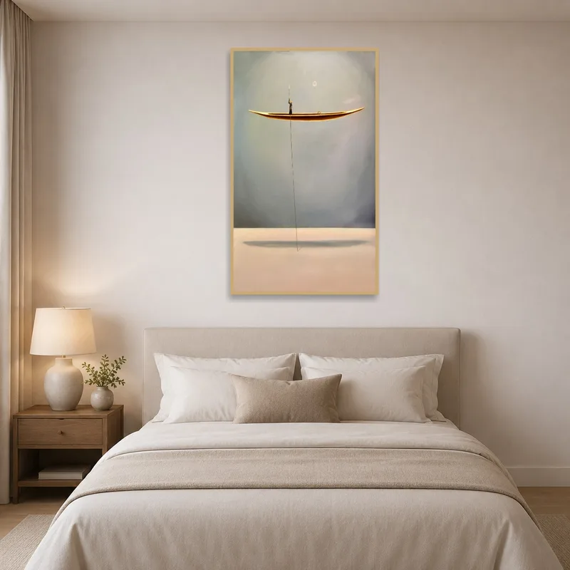 Dreamy waterscape print creating a serene atmosphere in a bedroom.
