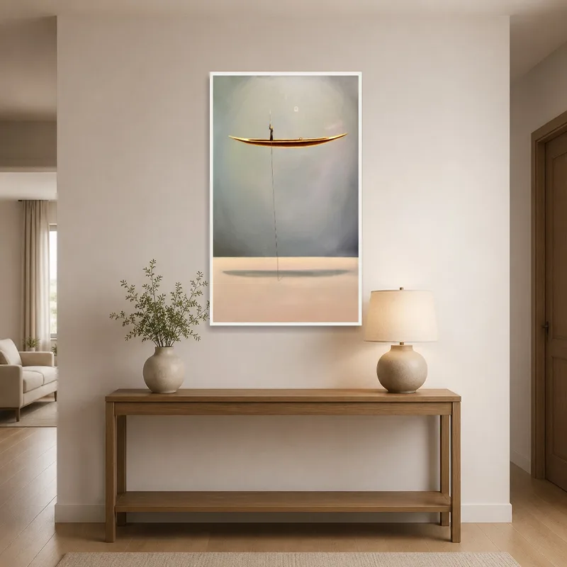 Enchanting waterscape art welcoming guests in a bright entrance hall.