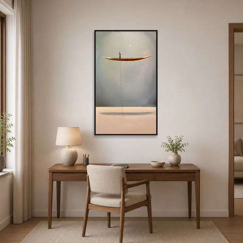 Surreal boat and moon piece adding inspiration to a modern home office.
