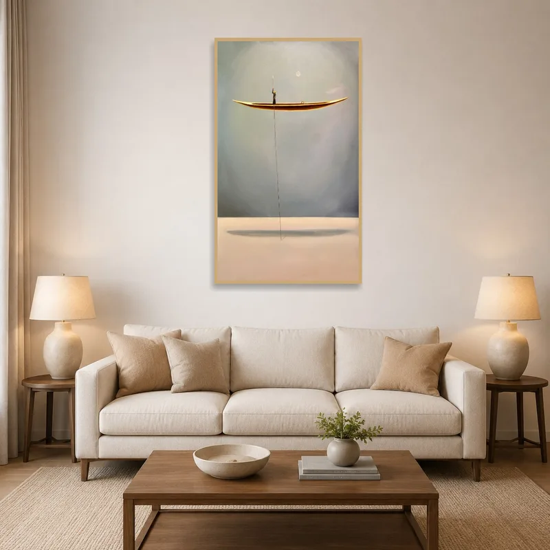 Surreal boat and moon art piece above a couch in a cozy living room.