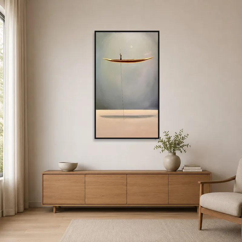 Boat and moon art on a plain wall, emphasizing minimalistic style.