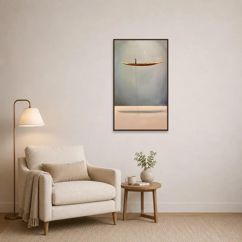 Art print depicting a boat with moon, adding whimsy to a reading corner.
