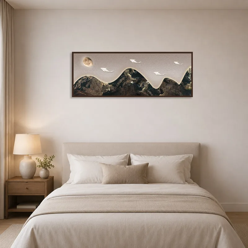 Mountain waves artwork hanging above the bed in a serene bedroom.