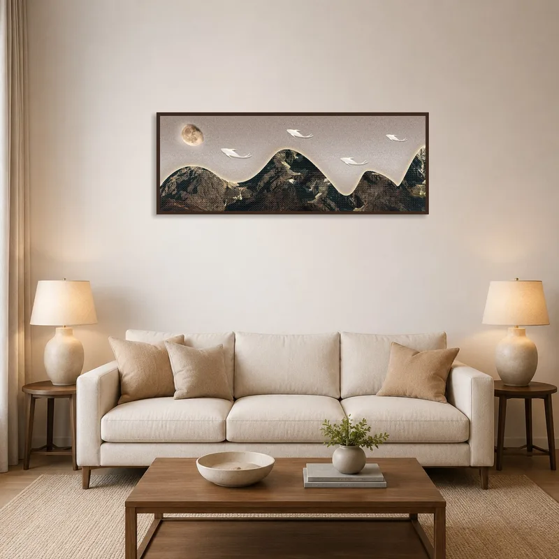 Surreal mountain waves artwork above the sofa in a modern living room.