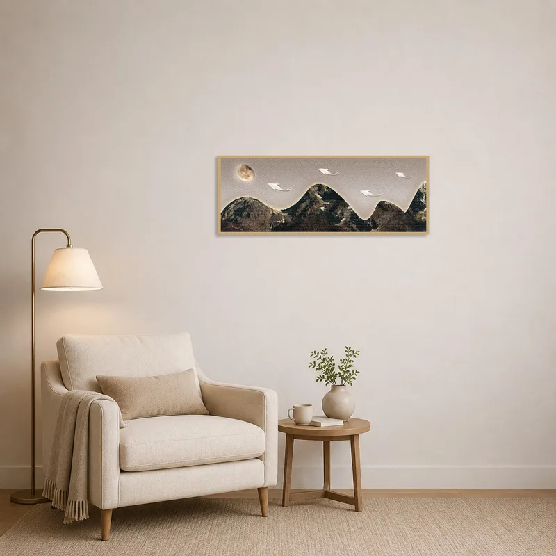 Surreal art piece on a wall next to a cozy chair in a reading corner.