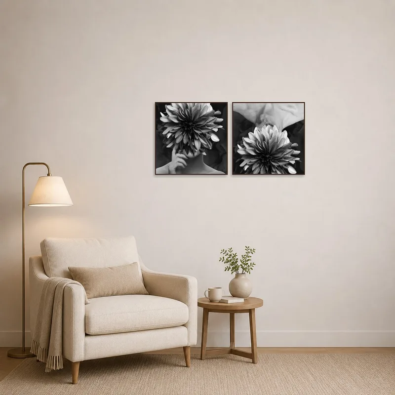 Reading corner enlivened by a surreal floral monochrome art set on the wall.