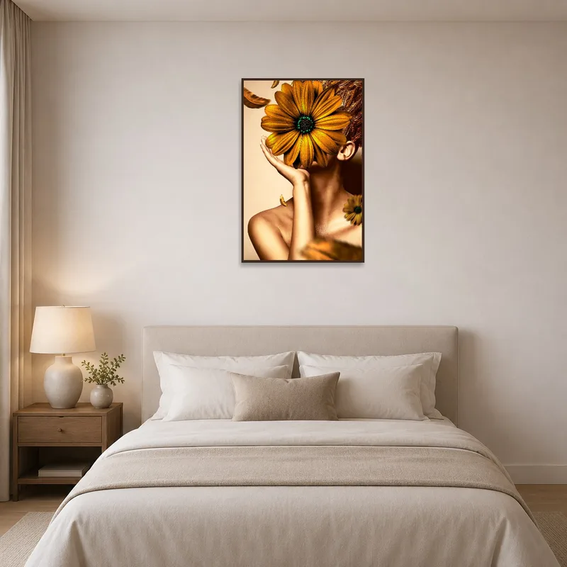 Bedroom wall adorned with a serene surreal floral portrait in golden hues.